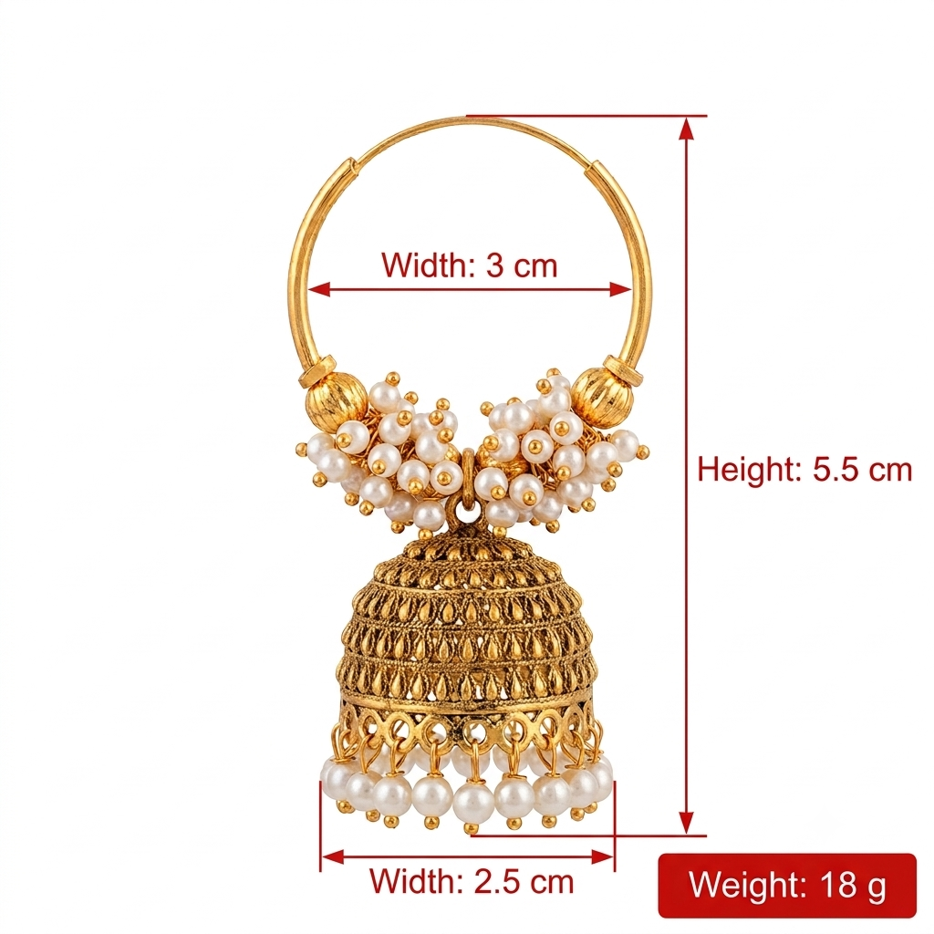 Ethnic Gold-Plated Hoop Pearl Jhumki Earrings with Hanging Beads