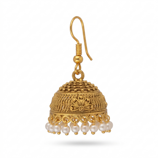 Antique Golden Floral Carved Pearl Cluster Jhumka Earrings