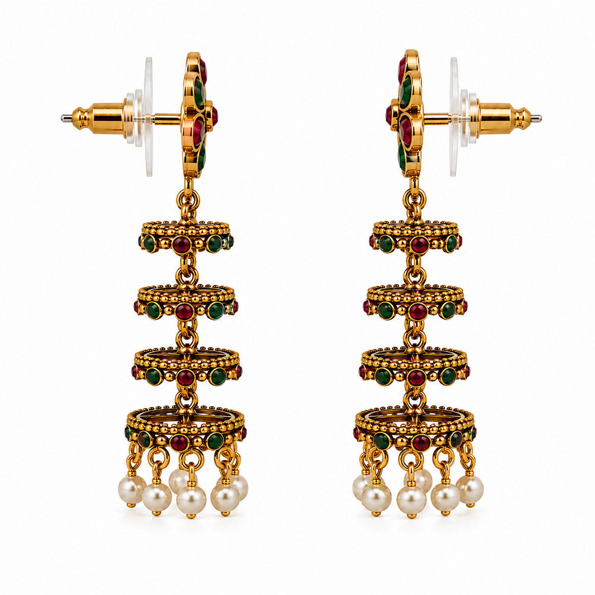 Traditional Floral Jhumka Earrings with Red & Green Stones & Pearl Drops
