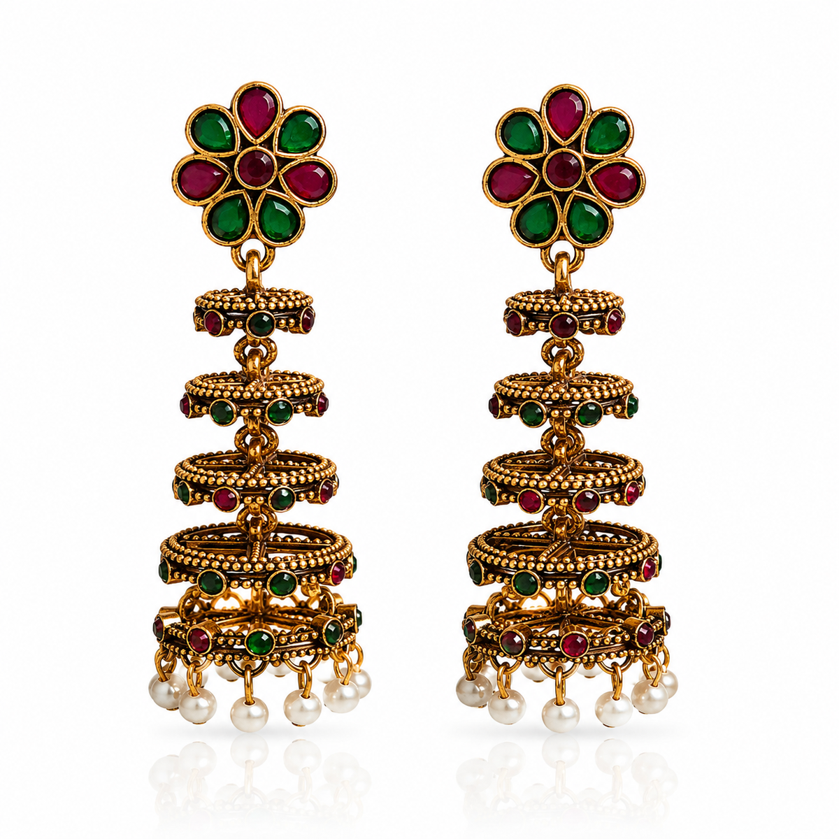 Traditional Floral Jhumka Earrings with Red & Green Stones & Pearl Drops