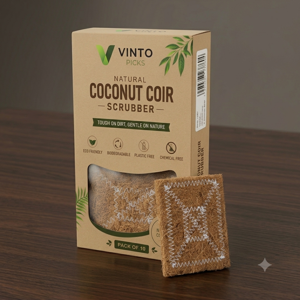 VINTO PICKS Eco-Friendly Coconut Fiber Scrubber (Pack of 10) – Non-Scratch, 100% Home Compostable Kitchen Scrubbing Pads (3x4 In)
