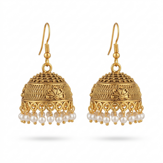 Antique Golden Floral Carved Pearl Cluster Jhumka Earrings