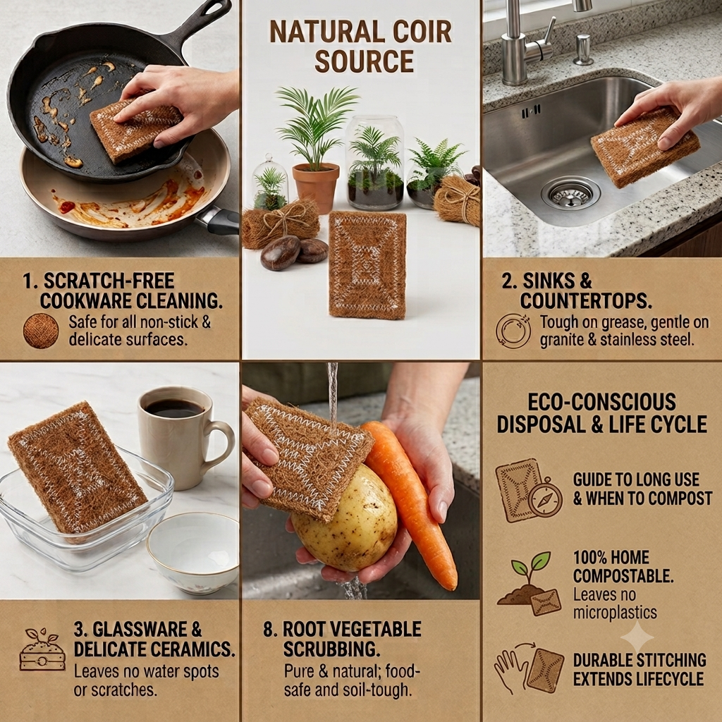 VINTO PICKS Eco-Friendly Coconut Fiber Scrubber (Pack of 10) – Non-Scratch, 100% Home Compostable Kitchen Scrubbing Pads (3x4 In)