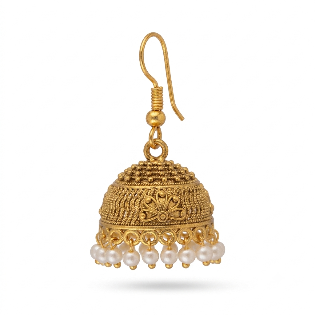 Antique Golden Floral Carved Pearl Cluster Jhumka Earrings