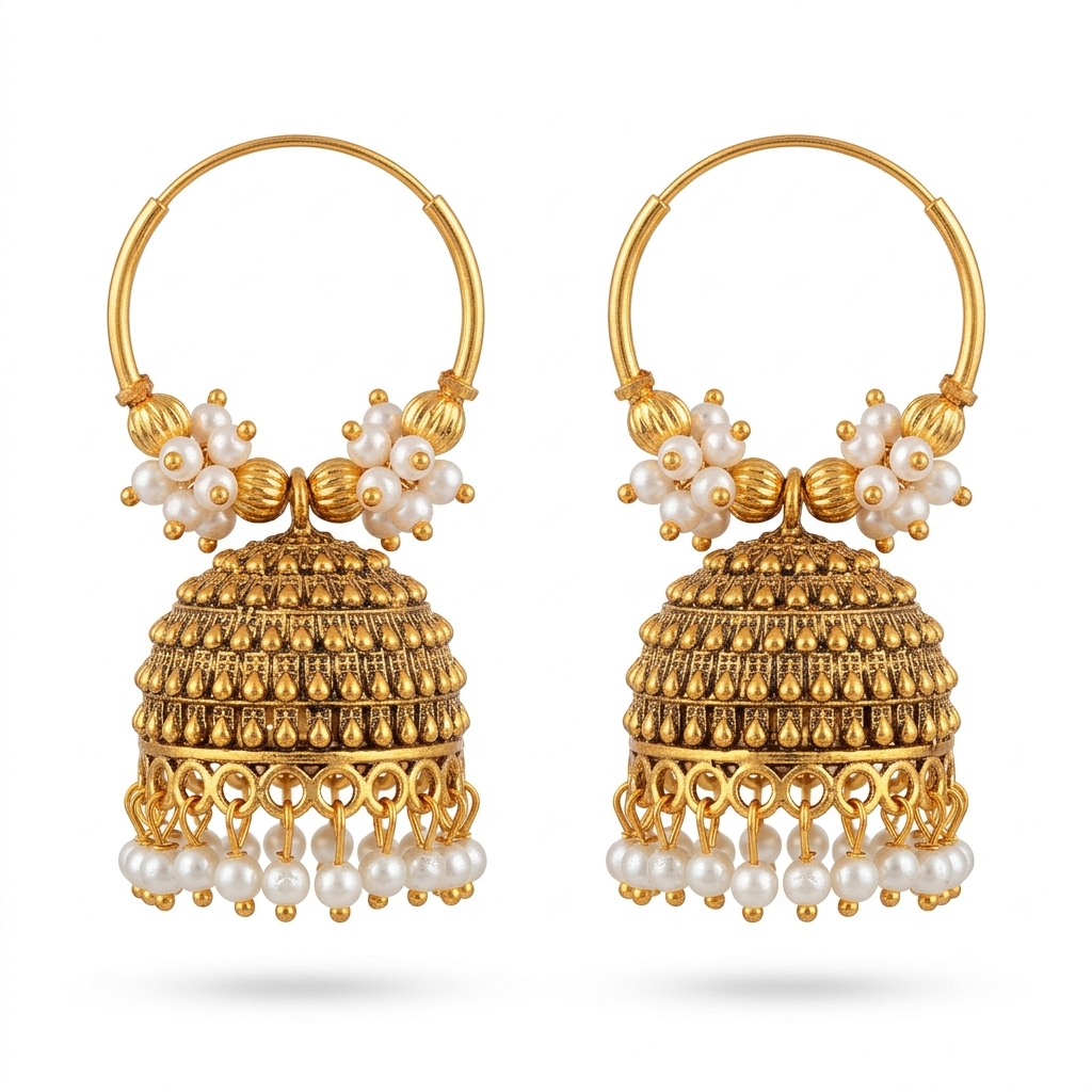 Ethnic Gold-Plated Hoop Pearl Jhumki Earrings with Hanging Beads