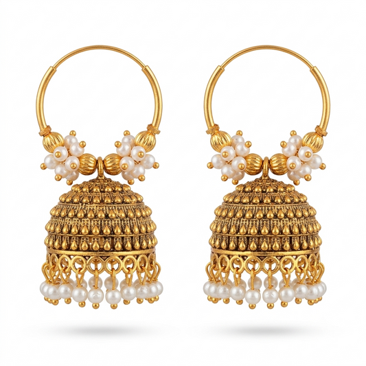 Ethnic Gold-Plated Hoop Pearl Jhumki Earrings with Hanging Beads