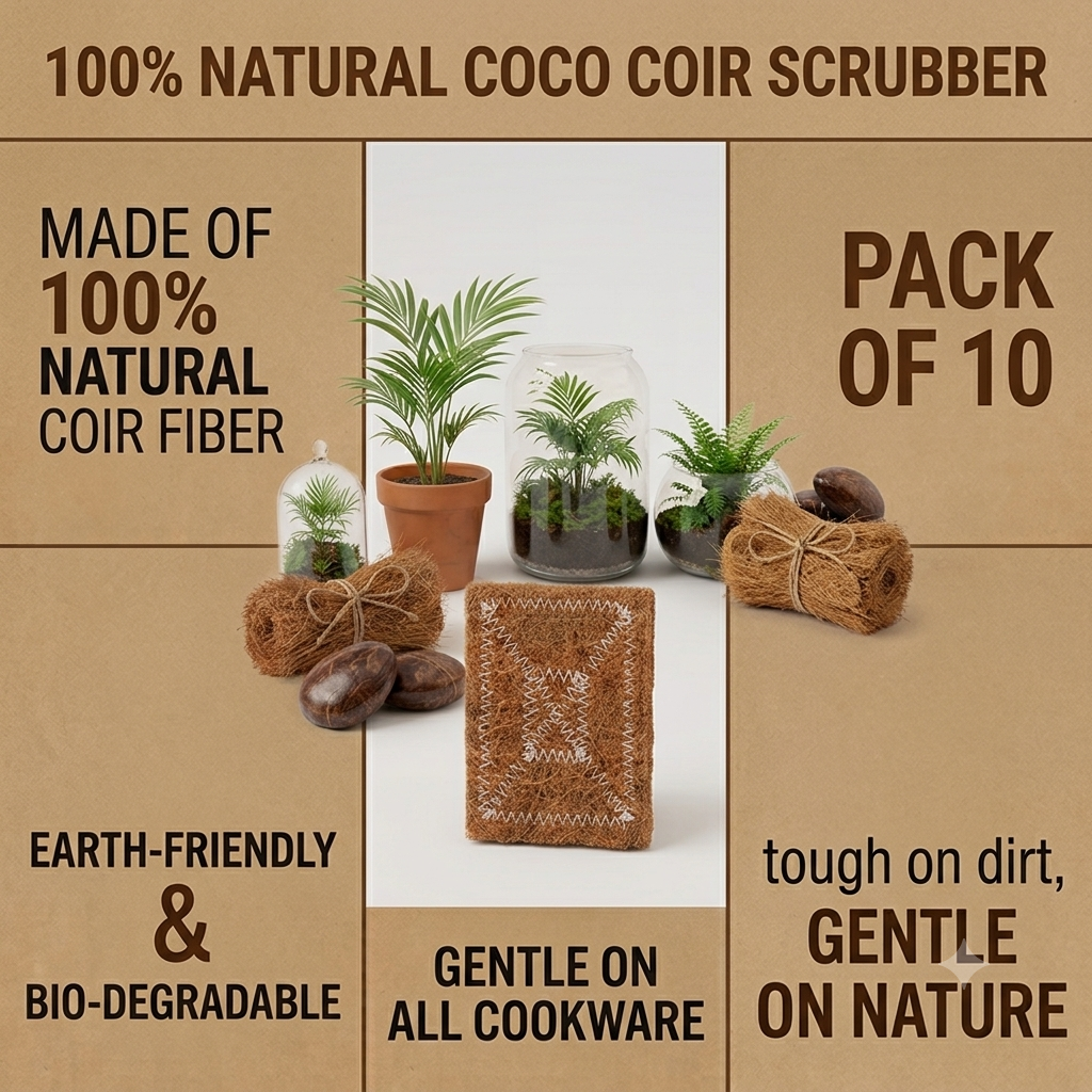 VINTO PICKS Eco-Friendly Coconut Fiber Scrubber (Pack of 10) – Non-Scratch, 100% Home Compostable Kitchen Scrubbing Pads (3x4 In)