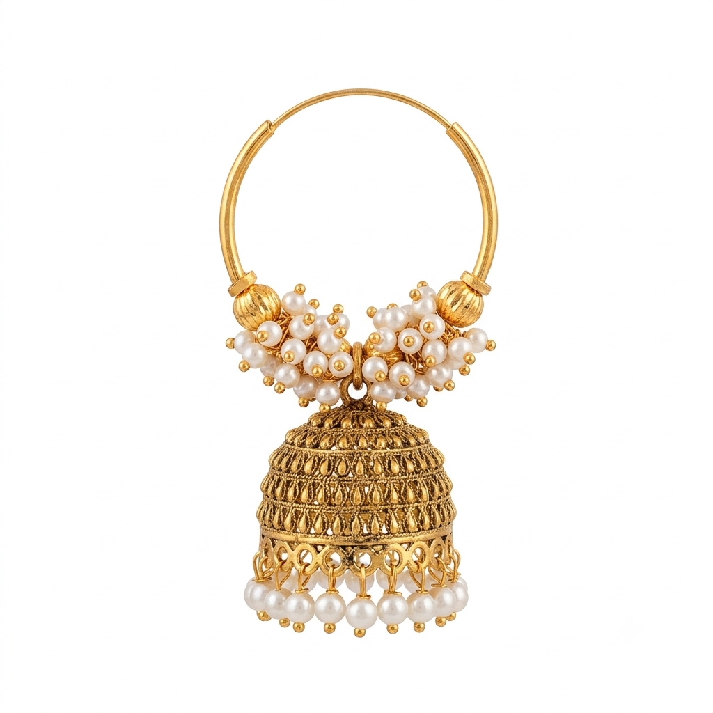 Ethnic Gold-Plated Hoop Pearl Jhumki Earrings with Hanging Beads